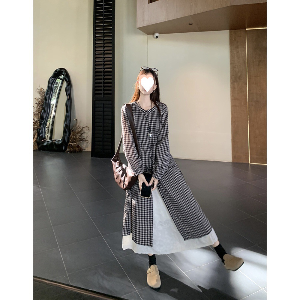自制日系复古格子长袖衬衫裙女秋叠穿慵懒风小个子学生气质连衣裙