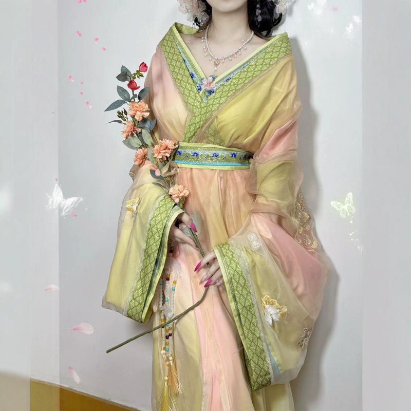 Wei and Jin Dynasty Hanfu for Women, Pink and Yellow Gradient Heavy Embroidery Long Robe, Gentle Ancient Style Waist Belt Photo Shoot Set Wei and Jin Dynasty Hanfu for Women, Pink and Yellow Gradient Heavy Embroidery Long Robe, Gentle Ancient Style Waist Belt Photo Shoot Set