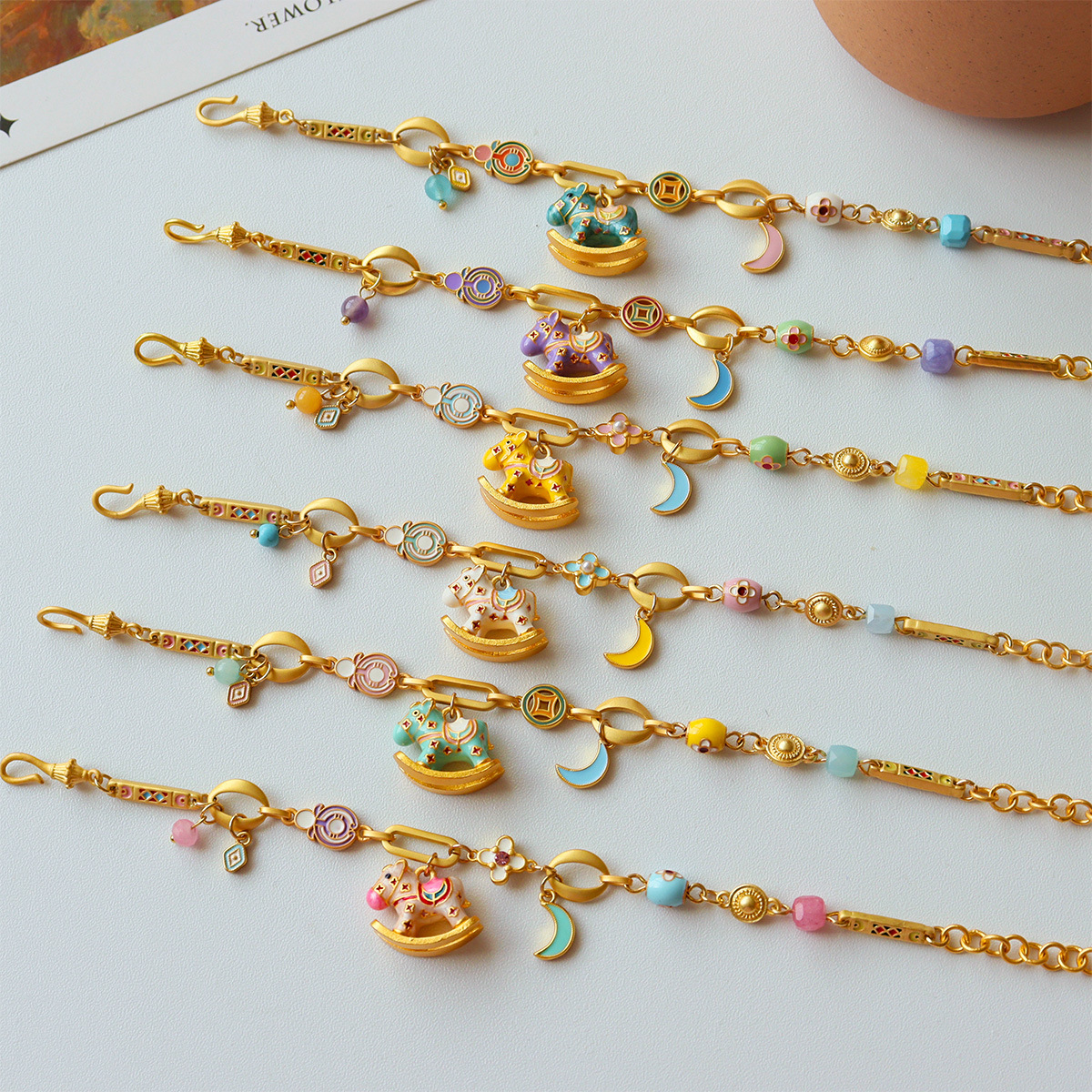 Original Retro Exquisite Colorful Oil Dripping Enamel Moon Flower Trojan Crystal Bracelet Women's Accessible Luxury High-End Jewelry