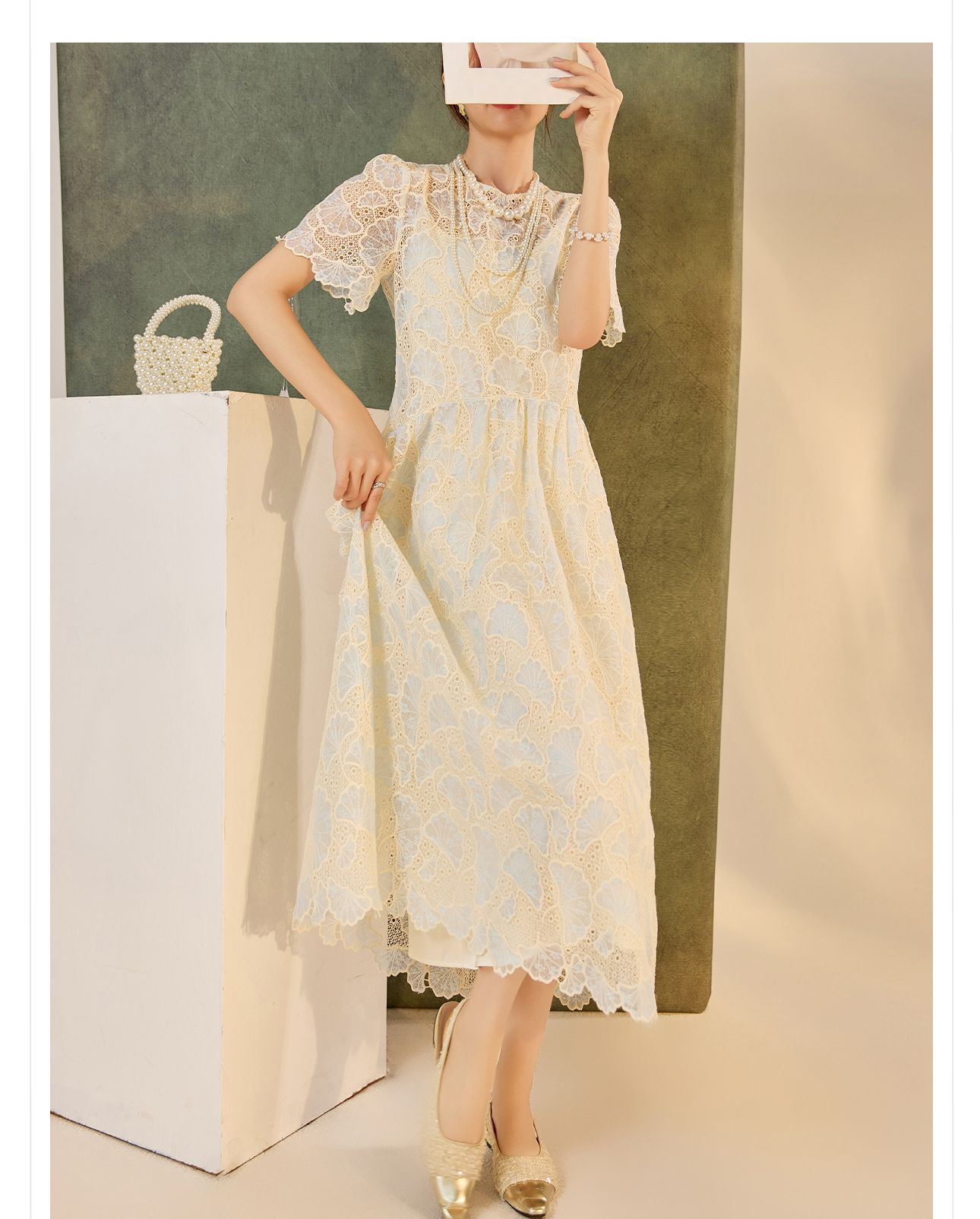 Đầm maxi nữ phong cách dân tộc dáng rộng, tay ngắn, thắt eo, thiết kế cổ tích mùa hè — Màu xanh lam hồng chi tiết 4