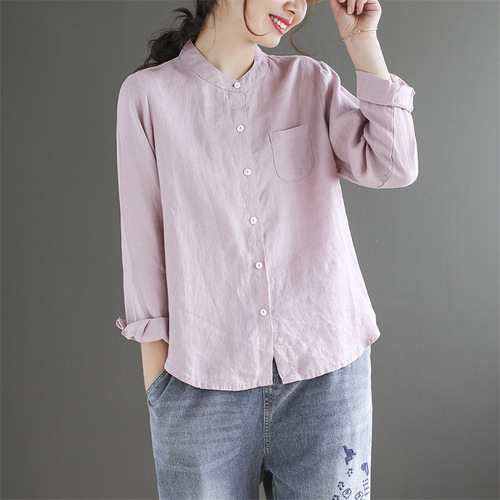 Art Deco Retro Cotton Linen Stand Collar Long Sleeve Women's Spring Summer Thin Loose Slimming Solid Color Casual Linen Top
