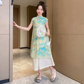 女童汉服夏装2024新款洋气复古中国风旗袍裙新中式大童山水画裙子