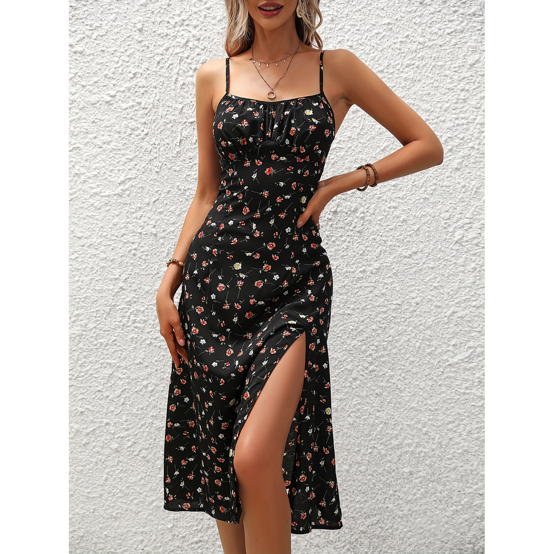 Trendy Women's Dress 2026 Summer New Style Cross-Border Foreign Trade European and American Amazon Sexy Spaghetti Strap Slit Floral Dress 2
