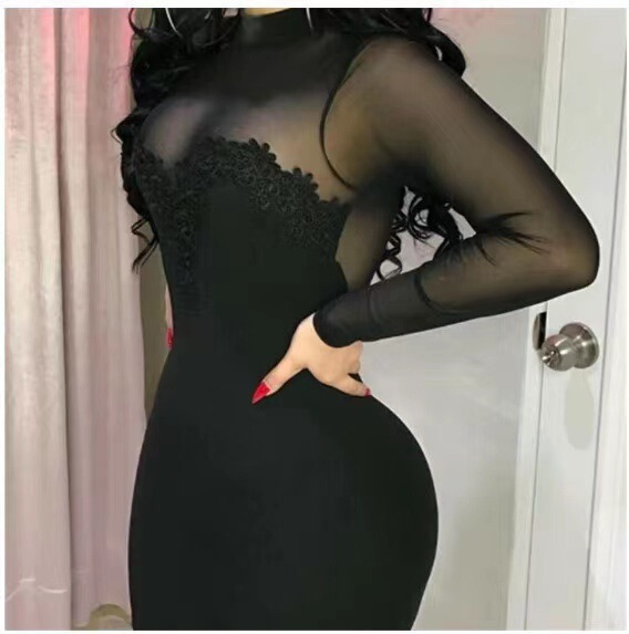 2026 European and American Hot-Selling Cross-Border Women's Clothing: Long-Sleeve Semi-Transparent Geometric Evening Dress Mini Dress 2026 European and American Hot-Selling Cross-Border Women's Clothing: Long-Sleeve Semi-Transparent Geometric Evening Dress Mini Dress
