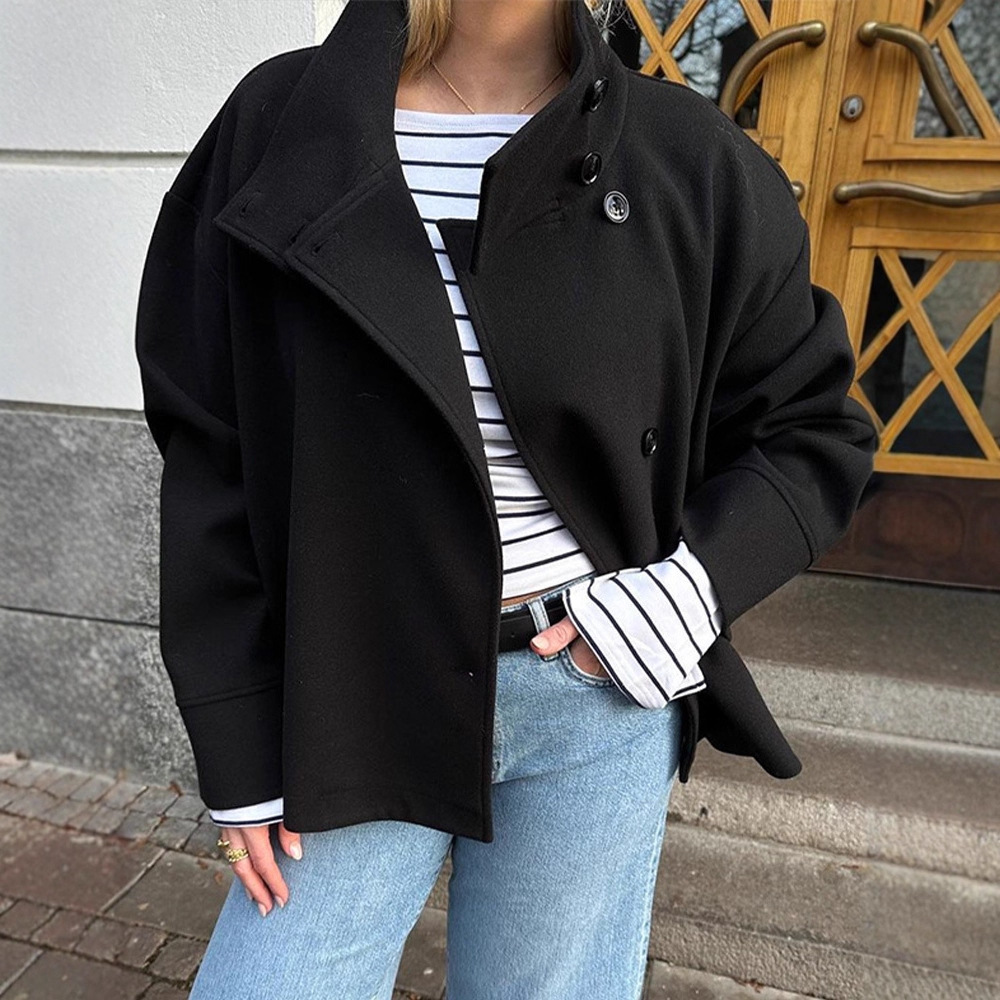 跨境欧美2025秋冬新款女装亚马逊气质优雅立领纽扣长袖毛呢外套