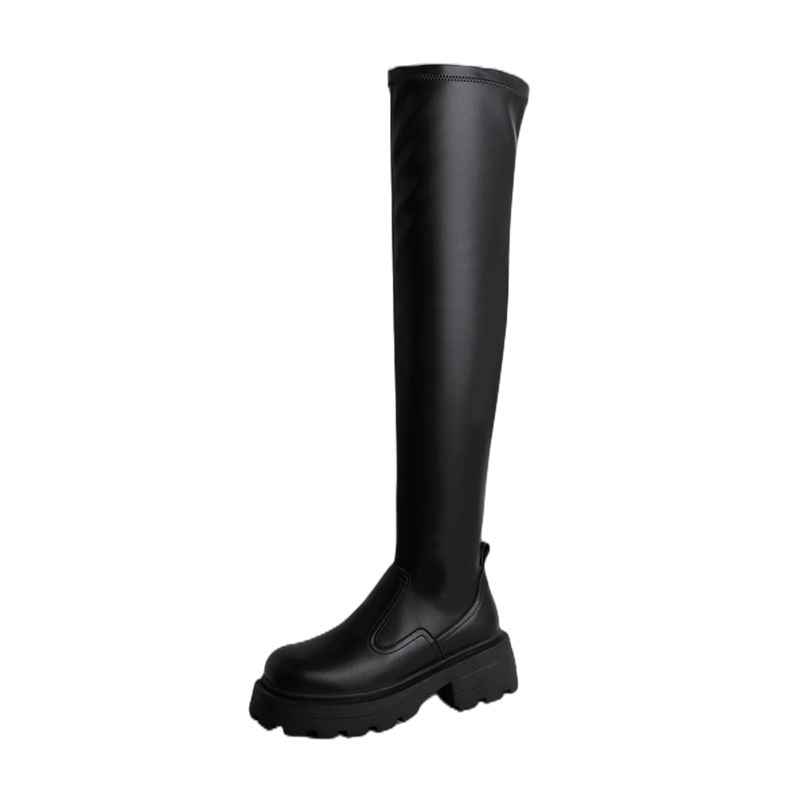 Heave-soled elastic over-the-knee boots Fall and winter square-toed thigh-high boots for women_voghion.com