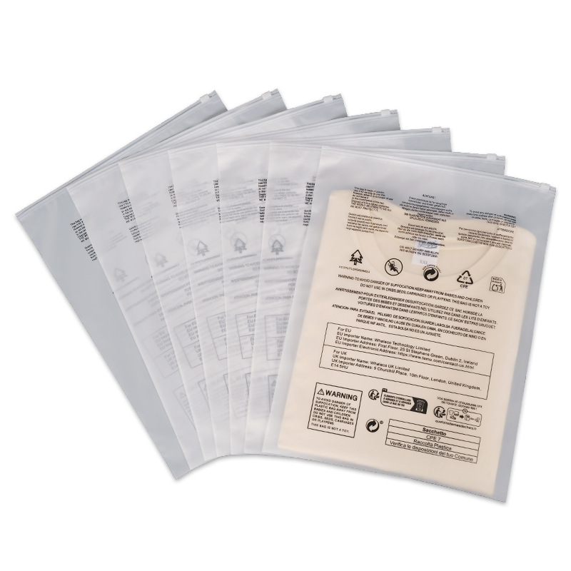 Bolsas con cierre y etiqueta de advertencia en stock, bolsas transparentes esmeriladas con cierre de Temu para ropa, calcetines y embalaje de prendas, personalizables.