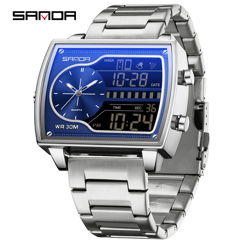 SANDA SANDA 6163 nuevo reloj electrónico de moda doble pantalla multifuncional reloj de hombre impermeable calendario de luz nocturna reloj de hombre