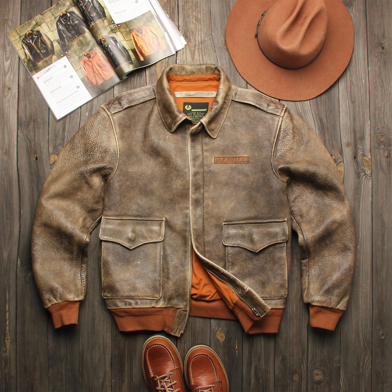 Vintage distressed genuine leather jacket for men, A2 aviator style, slim fit, heavily washed distressed cowhide short coat