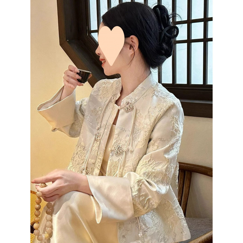 大码胖新中式国风套装唐装提花气质外套+时尚连衣裙两件套200斤|undefined