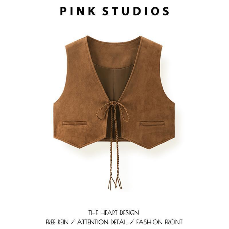 Layered Suede Cardigan Vest Brown Retro Lace-Up V-Neck Vest for Women Autumn and Winter Maillard Style Short Style