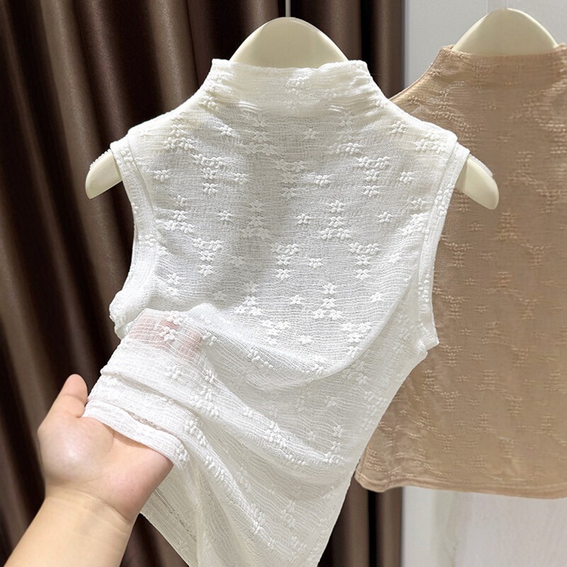 Mesh Sleeveless Turtleneck Slim-Fit Inner Top, Lace Base Shirt for Women, Autumn Style with Ruffled Edges, Thin Blouse