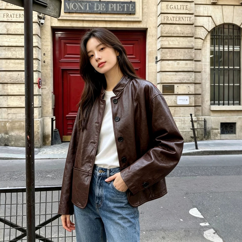 【Heartbeat Radio】New Women's Genuine Leather Jacket, Oil-Waxed Sheepskin Coat, Twisted Leather Style, Stand-Up Collar, Casual Short Jacket