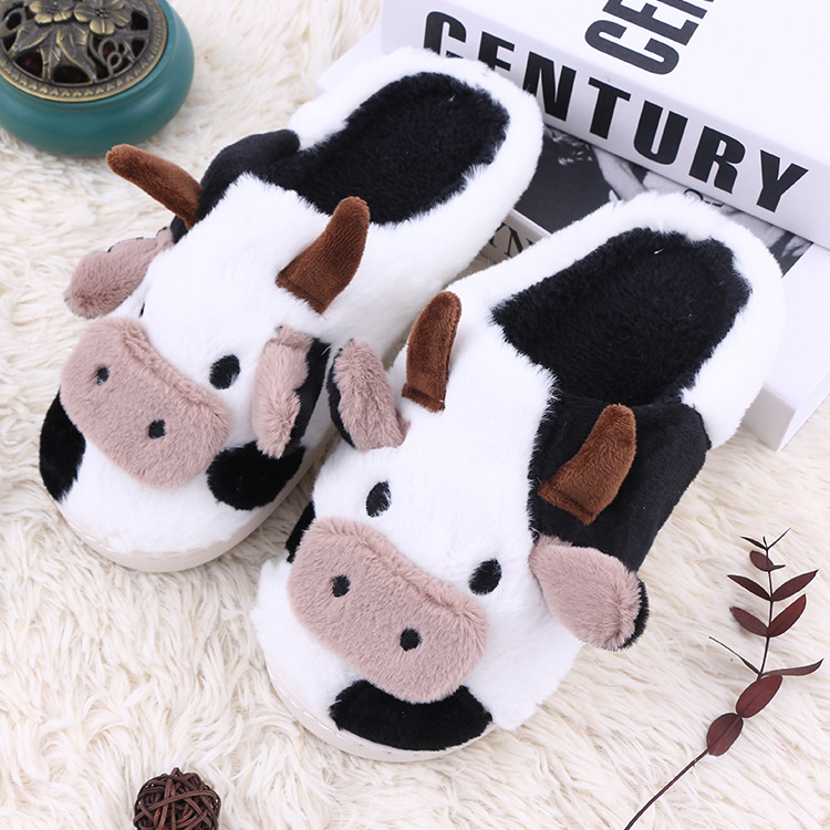 Autumn and Winter Home Non-Slip Cotton Slippers with Velvet and Thickened Warm Cotton Slippers Cross-Border Special Supply of Cute Cow Funny Cotton Slippers