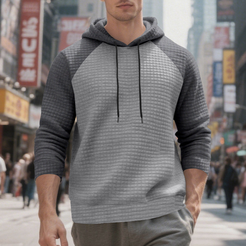 Schweres Kapuzensweatshirt mit Farbblockdesign für Herren, lockere Passform, Pullover mit Kordelzug für lässige Streetwear (Schwarz/Grau, Armeegrün/Beige)_voghion.com