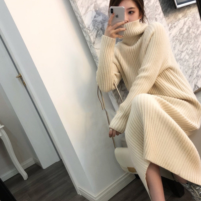 Autumn and Winter Turtleneck Wool Sweater Women's Over-the-Knee Super Long Lazy Style Sweater Dress Loose Base Knitted Dress for Outer Wear