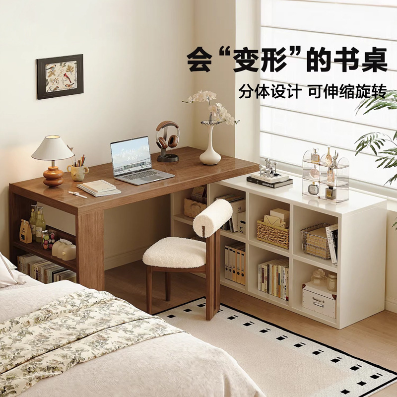 Cream-Colored Corner Desk with Integrated Bookshelf, Home-Use Student Study Desk, Bedroom Vanity Table, L-Shaped Solid Wood Computer Desk