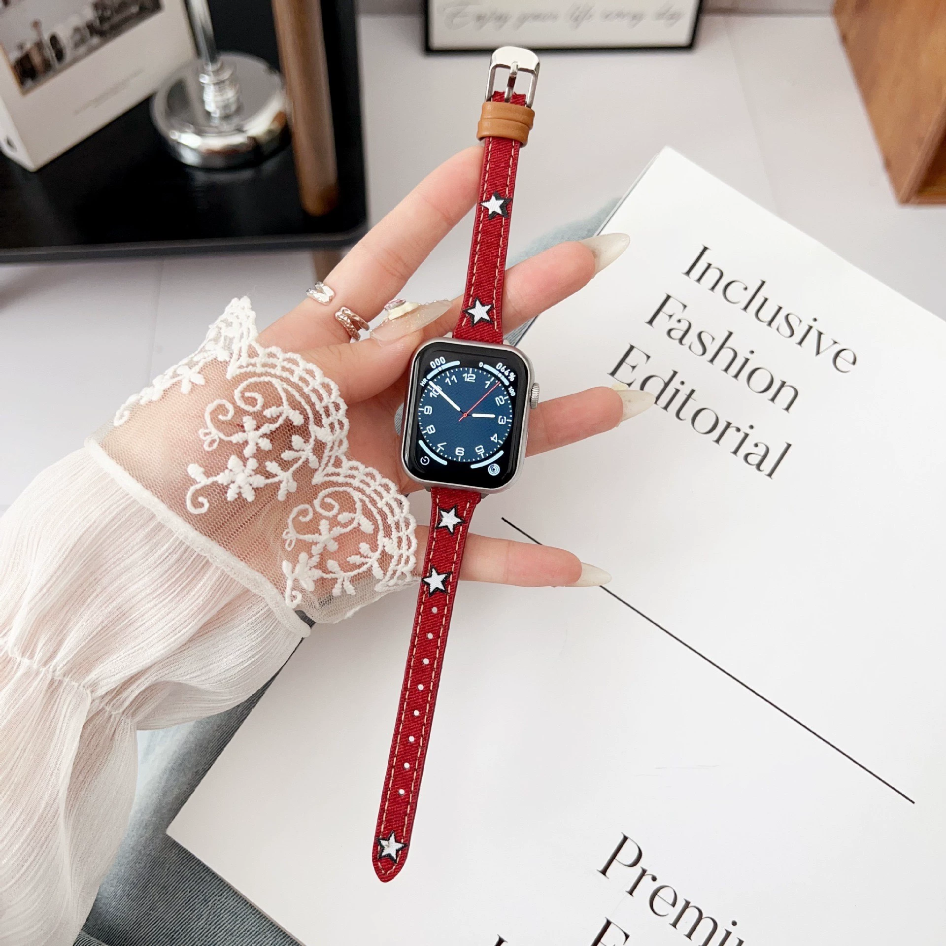 Ретро джинсовый ремешок со звездой, тонкая модель, подходит для iWatch 9, ремешок S8, Apple Watch applewatch765432se