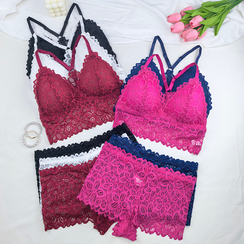 2025 nueva agencia transfronteriza de flores de mujer encaje ajustable correa de hombro bra de empuje y conjunto de pantalones