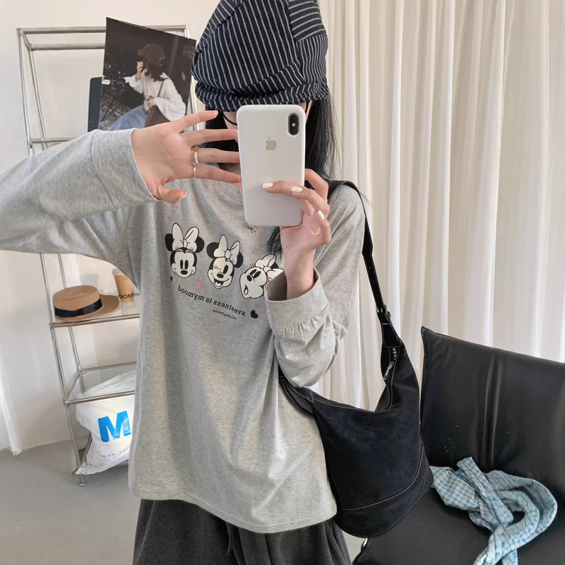 Korean-Style Mickey Print Long-Sleeve T-Shirt for Women, Early Spring, Round Neck, Loose Fit, Slimming, Lazy Style, Inner Layer Base Shirt Top Korean-Style Mickey Print Long-Sleeve T-Shirt for Women, Early Spring, Round Neck, Loose Fit, Slimming, Lazy Style, Inner Layer Base Shirt Top