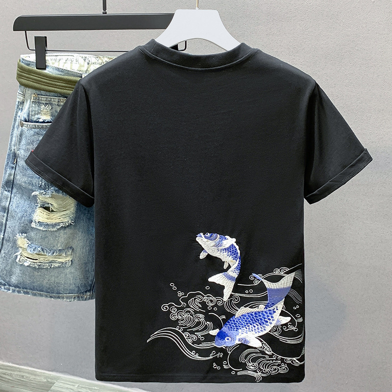 New Carp Embroidered Short-sleeved National Fashion Brand Loose Retro Couple Half-sleeved Casual High Street Crewneck Top T-shirt for Men