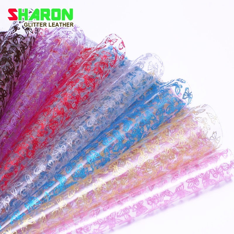 金粉闪光蝴蝶印花0.6mm厚PVC透明胶片防水化妆包凉鞋童鞋面料