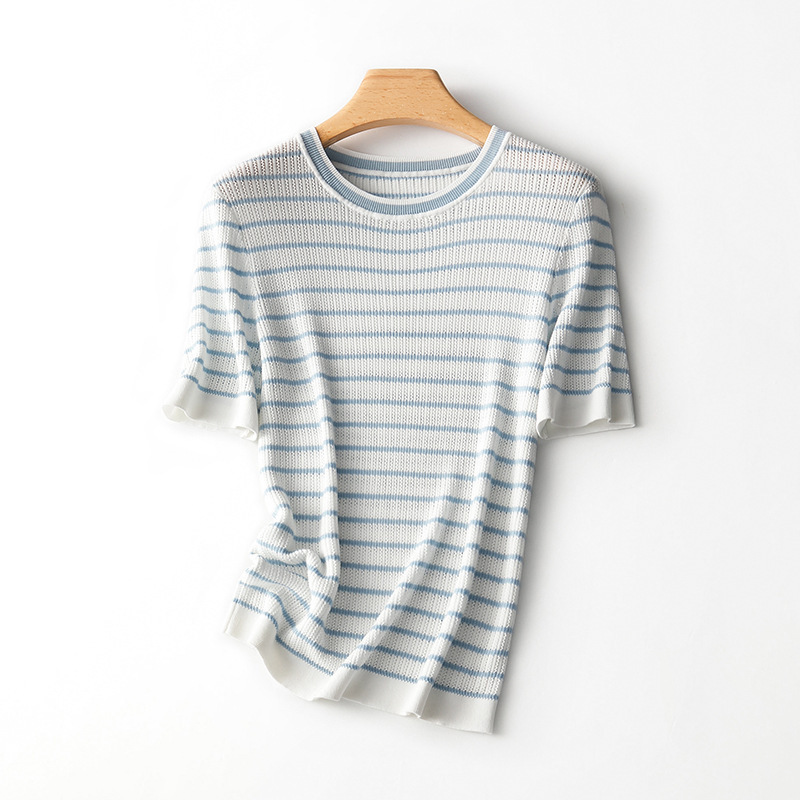 【100.Lyocell】French-Style Exquisite Hollow-Out Color-Block Striped Knit Short-Sleeve Women's Summer T-Shirt Top