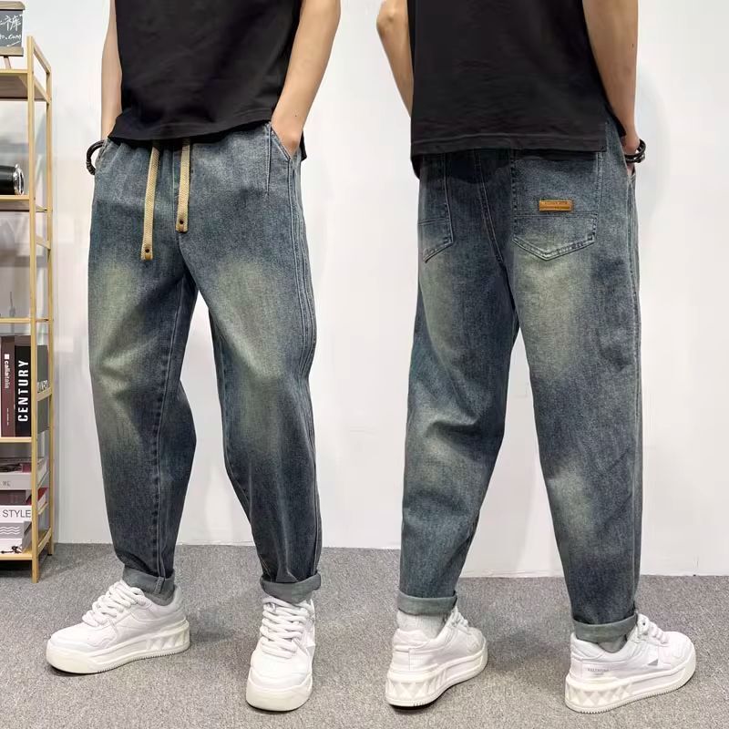 Vintage Men's Jeans Trendy Autumn Loose Wide-Leg Harem Pants Elastic Waist Straight Cropped Pants