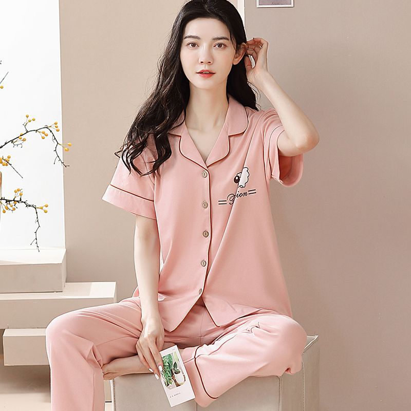 Nuevos pijamas de verano de las mujeres pantalones de manga corta 100% algodón Delgado solapa casual de las mujeres mamá ropa de casa traje de verano