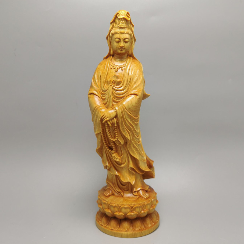 黄楊木彫刻立蓮観音菩薩置物実木崖柏念珠観音仏像供養装飾工芸|undefined