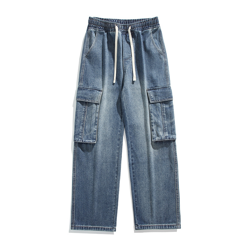 Danboni | Cross-border men's vintage workwear jeans with elastic drawstring waist, wide-leg, loose-fitting, plus-size denim trousers