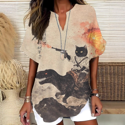 25年春季外贸热销时尚狂欢节印花流行女士V领短袖T恤衬衫跨境欧美