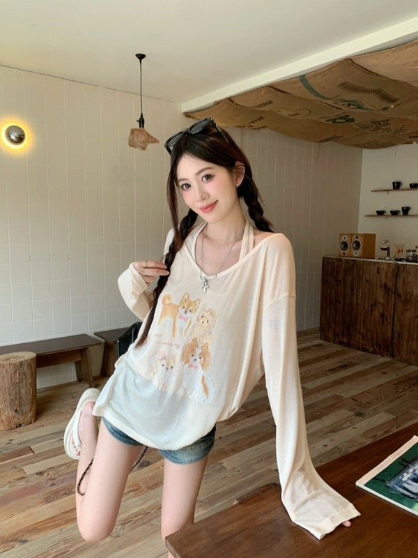 スノーフレークコットンスイートスーツ子犬プリント薄手長袖Tシャツレディース夏インナーホルターネックサスペンダーツーピースセット|undefined