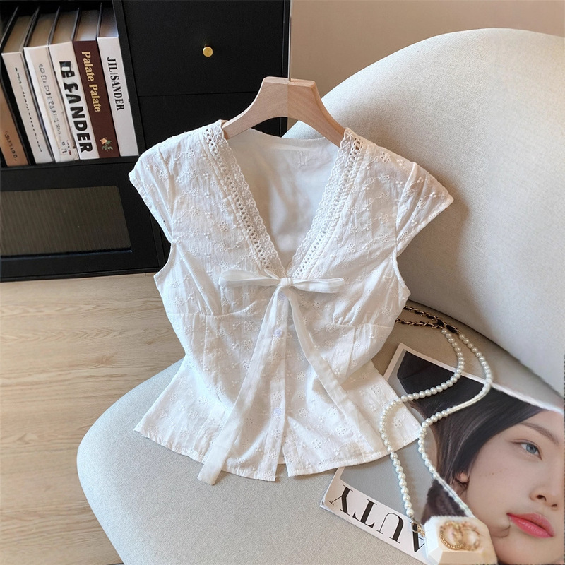 French Lace Embroidered Hollow White Shirt for Women, Summer 2025 New Style, Bow Tie Flutter Sleeves, Elegant Top