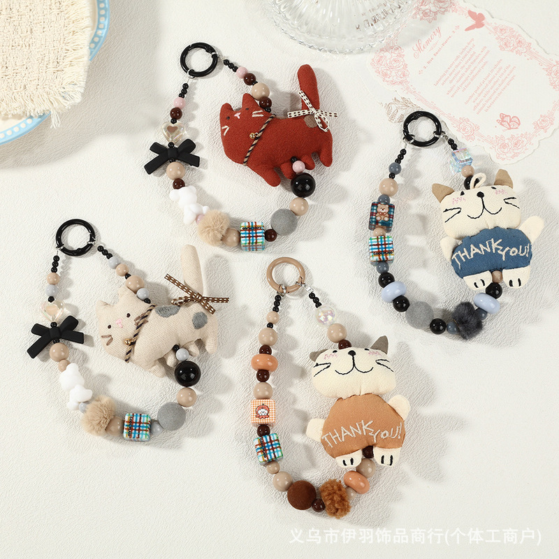 Forest-Themed Cartoon Kitten Doll Phone Chain Fabric Beaded Chain Cat Plush Key Accessory Girly Pendant Forest-Themed Cartoon Kitten Doll Phone Chain Fabric Beaded Chain Cat Plush Key Accessory Girly Pendant