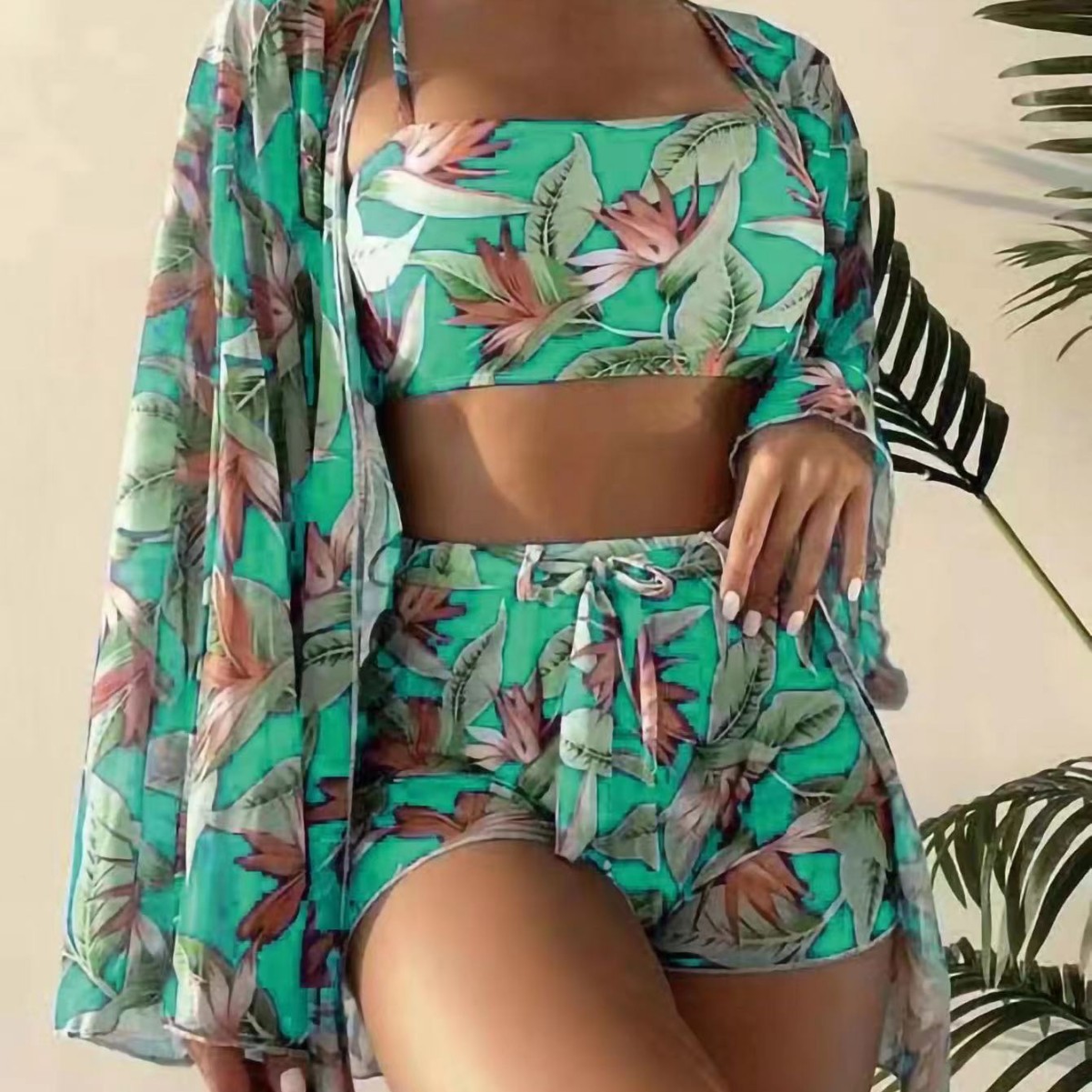 Conjunto de Traje de Baño de Cuatro Piezas para Mujer, Estilo Europeo y Americano 2025, Cintura Alta, Manga Larga, Pantalones Cortos Tipo Boxer, Bikini, Ropa Transfronteriza para AliExpress