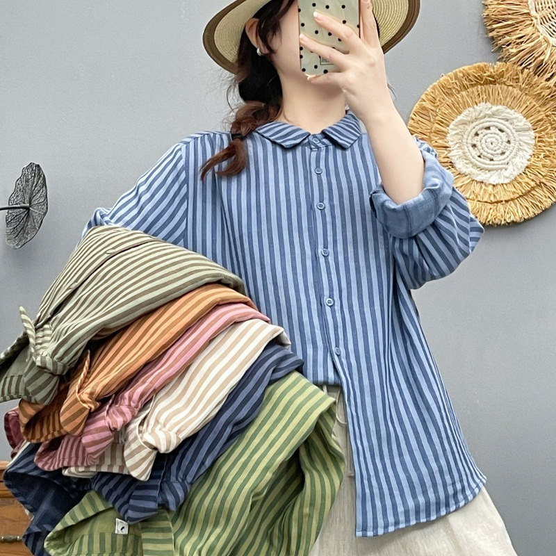 Spring and Autumn New Style Artistic Striped Double-Layer Cotton Gauze Long-Sleeve Shirt for Women, Vertical Stripe Casual Slimming Shirt