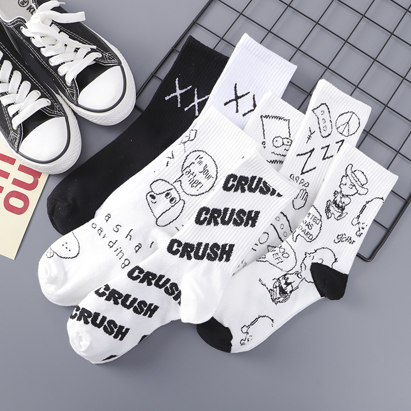 白色襪子女秋冬手繪卡通中筒襪情侶款潮流字母運動襪長筒跨境襪子