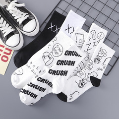 白色襪子女秋冬手繪卡通中筒襪情侶款潮流字母運動襪長筒跨境襪子