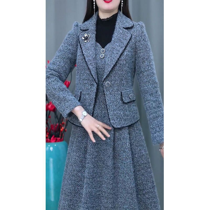 长袖连衣裙套装女2025春秋新款小香风外套显瘦时尚两件套裙子|undefined
