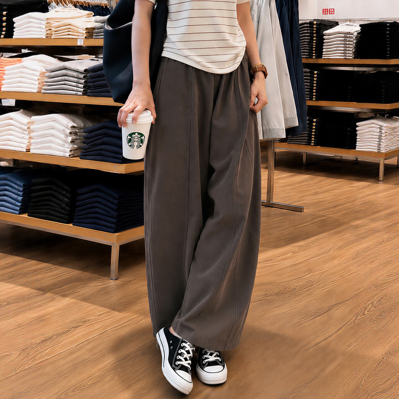 Women's curved-leg pants, summer 2026 new style, high-waisted, slimming, Japanese-style casual wide-leg straight pants for petite figures Women's curved-leg pants, summer 2026 new style, high-waisted, slimming, Japanese-style casual wide-leg straight pants for petite figures