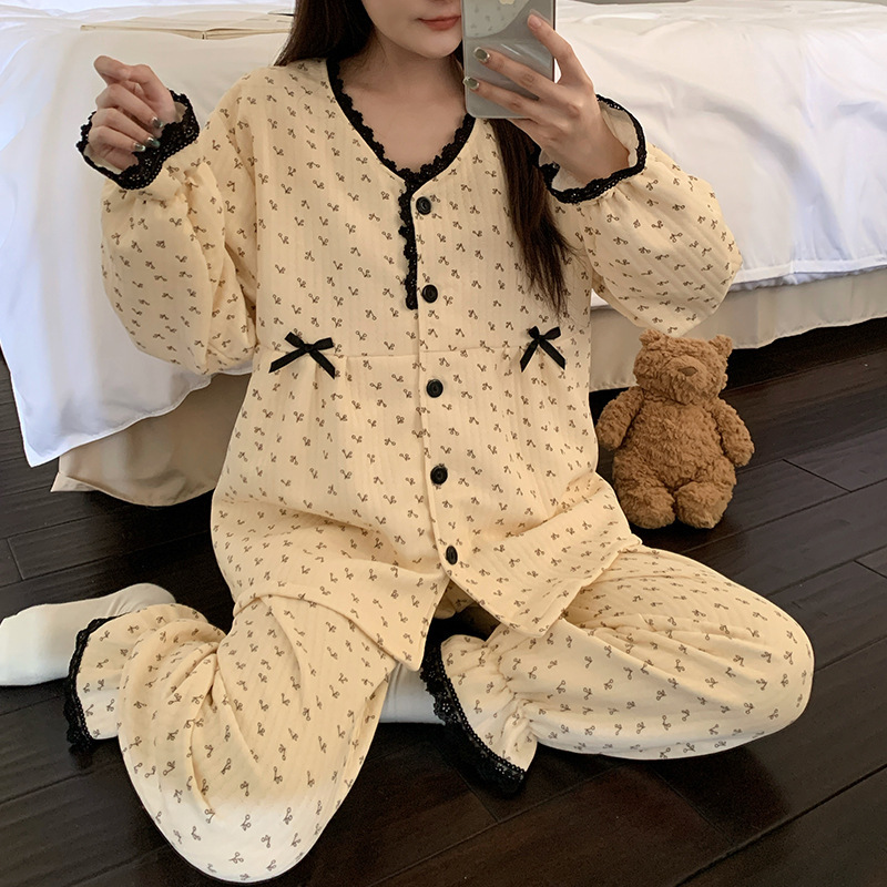 2025 Autumn and Winter 250g Air Cotton V-Neck Lace Pajamas Women's Leg-Tie Cardigan Sweet Home Clothes