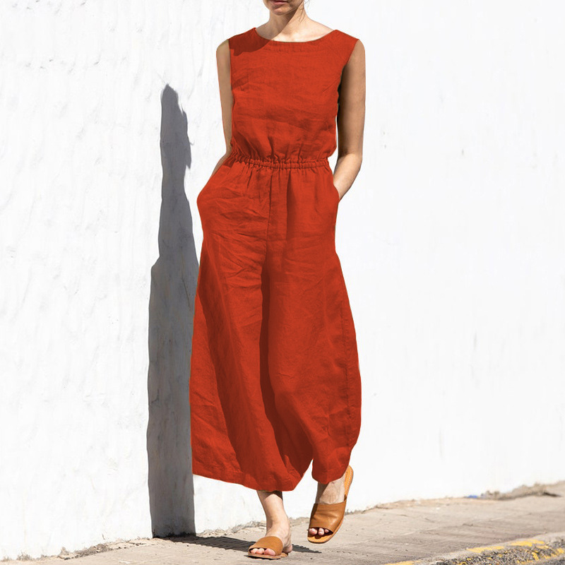 Cotton And Linen Jumpsuit Women Solid Color Sleeveless Pocket High Waist Wide Legs Jumpsuits Casual Commuting Ladies Bodysuits_voghion.com
