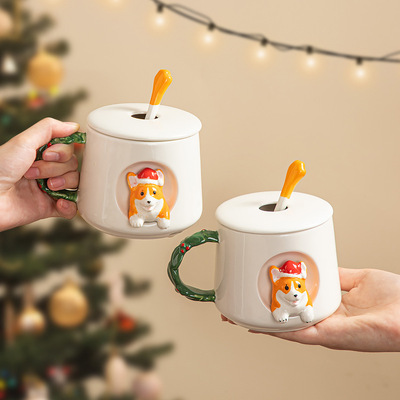 ceramics originality Yan value household lovely Christmas Corgi Mug With cover lovers men and women coffee Water cup
