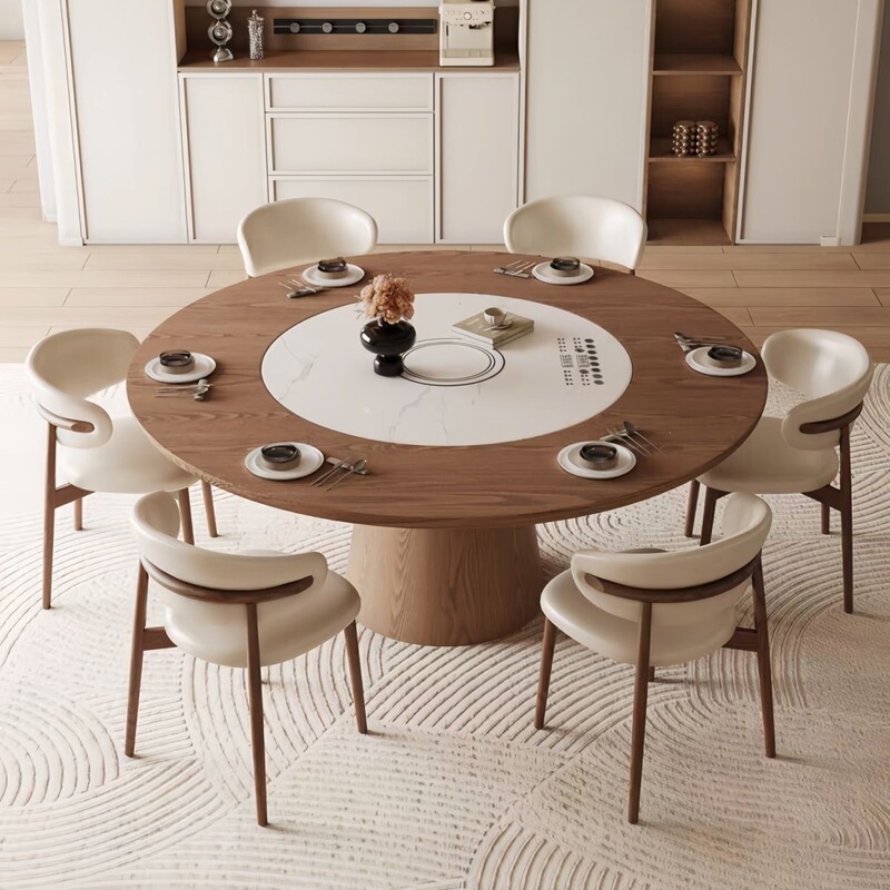 Medieval-Style Solid Wood Dining Table for Home Use, Multifunctional with Warming Stove, Induction Cooker, Rotating Turntable, Round Walnut-Colored Dining Table and Chairs