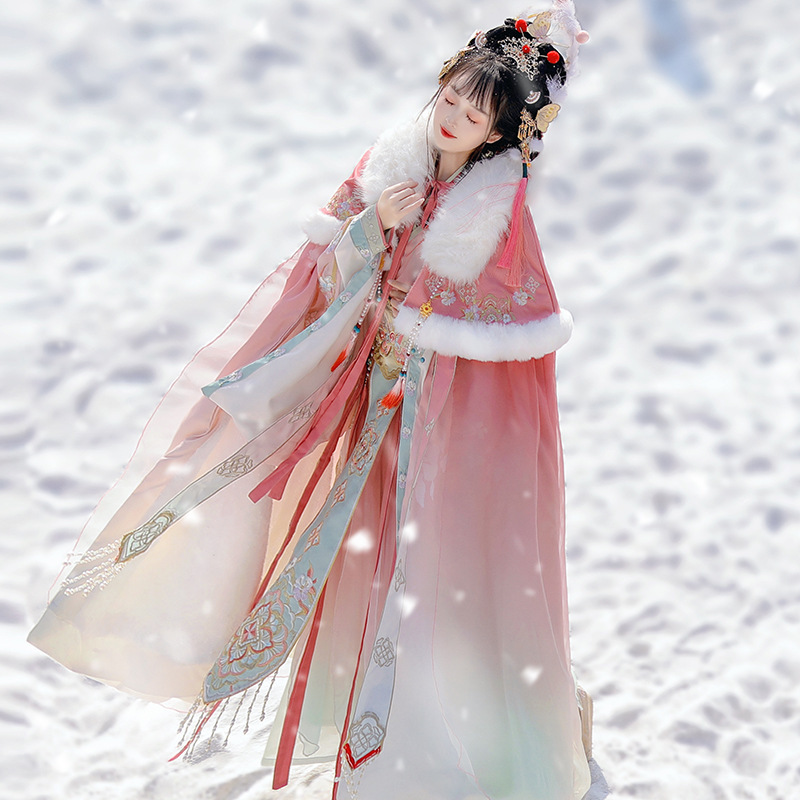 Luozhu Original Hanfu Female [Snow Goddess] Jin-made Hand-over-collar Waist Skirt Fairy Style Ancient Cloak Warm fleece-lined