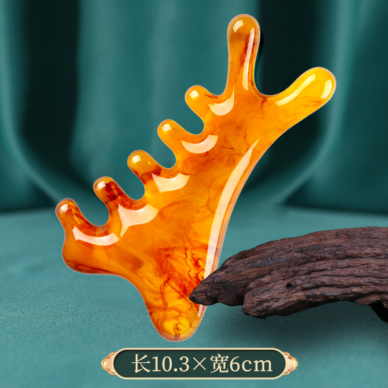 Peine de masaje cuatro en uno de resina real, tratamiento de cabeza de pulpo, peine de meridiano de dientes anchos, tabla raspadora en forma de corazón, barra de tendón de punto de acupuntura