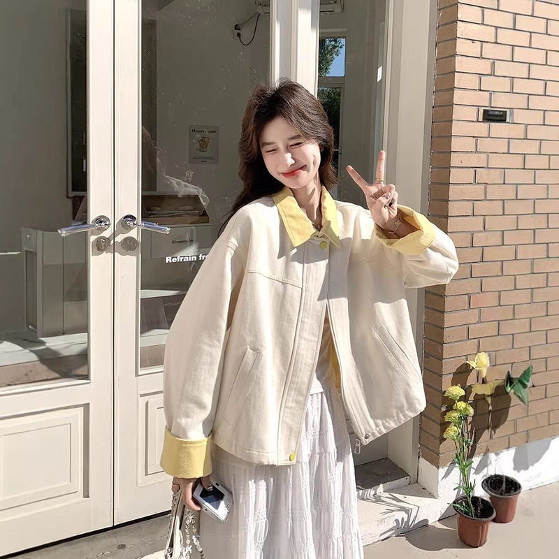 Off-White Denim Jacket for Women, Spring 2026 New Korean Style, Gentle and Sweet, Color-Blocking Casual Jacket Top Off-White Denim Jacket for Women, Spring 2026 New Korean Style, Gentle and Sweet, Color-Blocking Casual Jacket Top