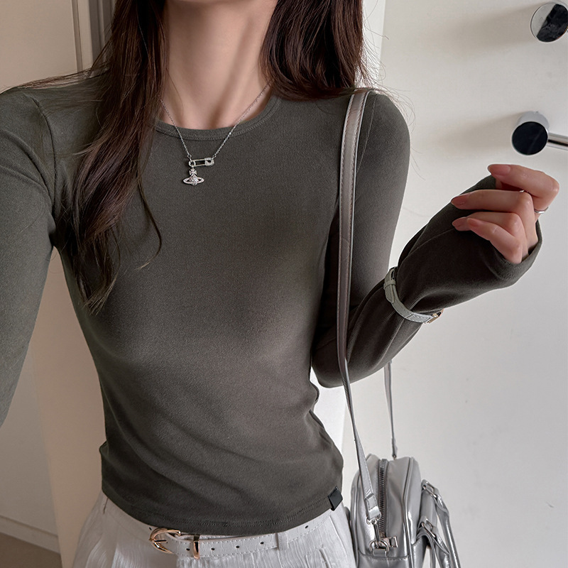New round-neck brushed long-sleeve t-shirt for women, slim fit, Korean-style simple and sophisticated base top for stylish girls