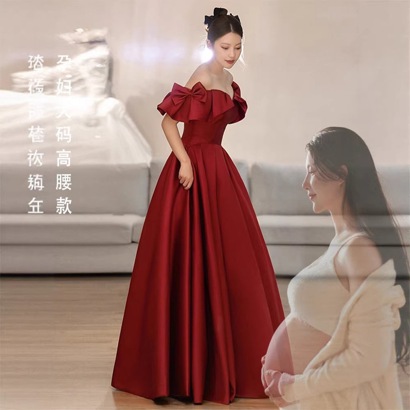 Maternity Evening Dress Plus Size for Curvy Women, Slimming and Elegant Banquet Host Dress, Burgundy Off-Shoulder Bridal Engagement Gown Maternity Evening Dress Plus Size for Curvy Women, Slimming and Elegant Banquet Host Dress, Burgundy Off-Shoulder Bridal Engagement Gown